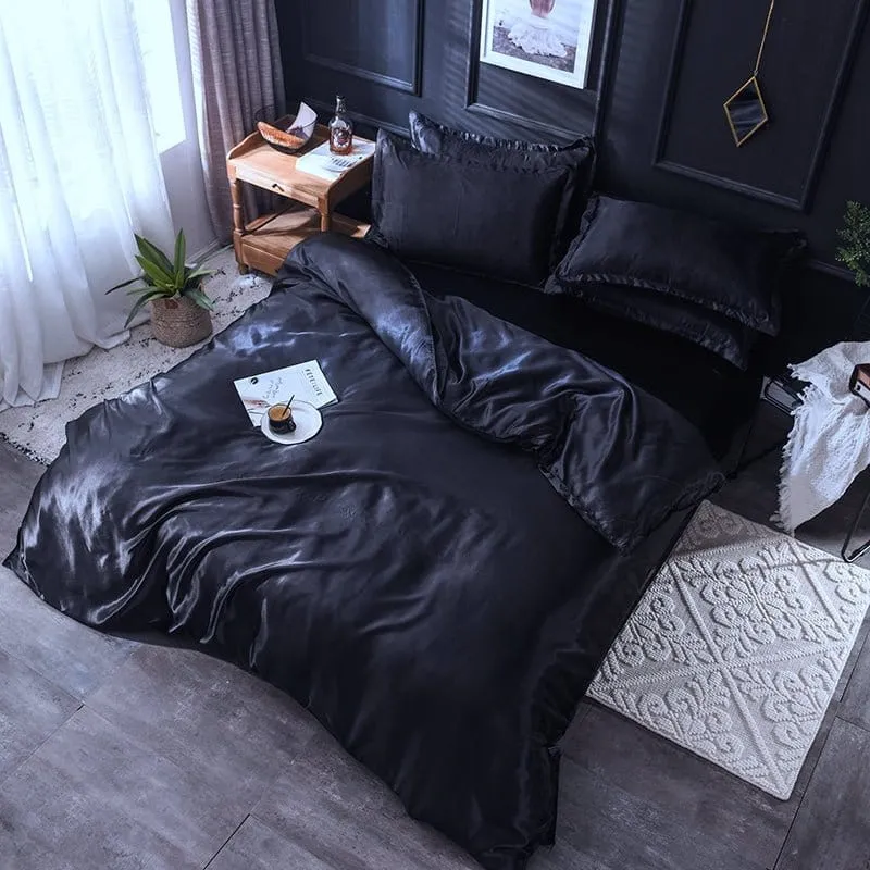Noir type satin - Drap housse / Housse de couette / 2 taies d'oreiller