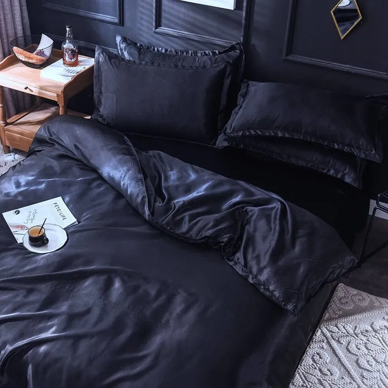 Noir type satin - Drap housse / Housse de couette / 2 taies d'oreiller