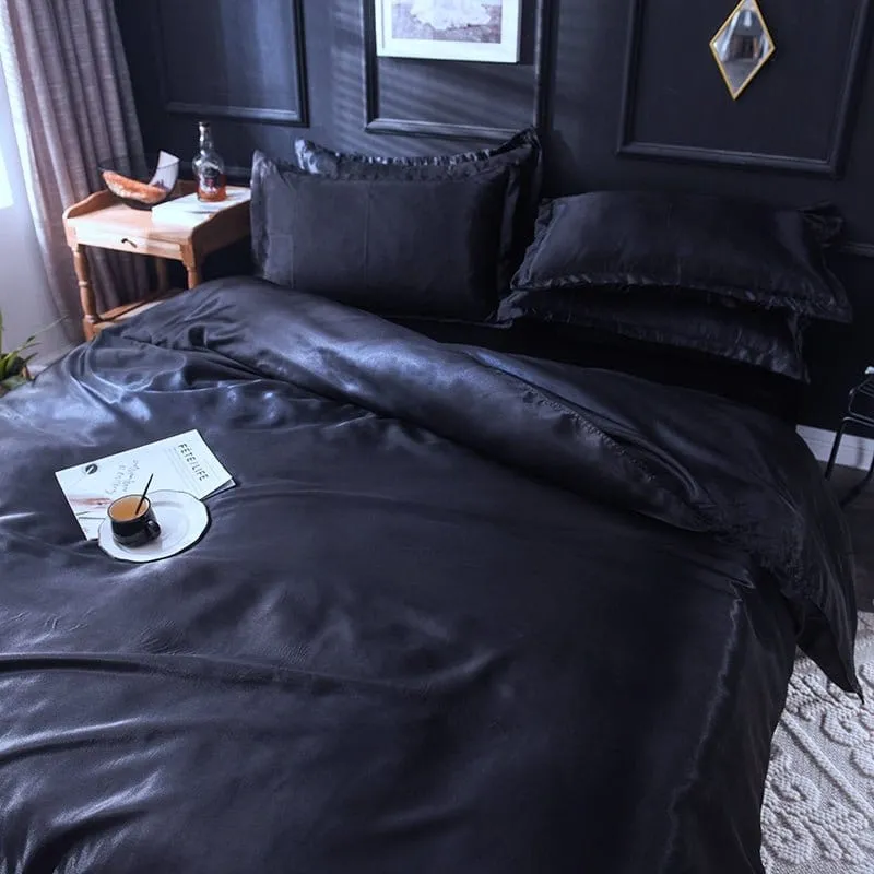 Noir type satin - Drap housse / Housse de couette / 2 taies d'oreiller
