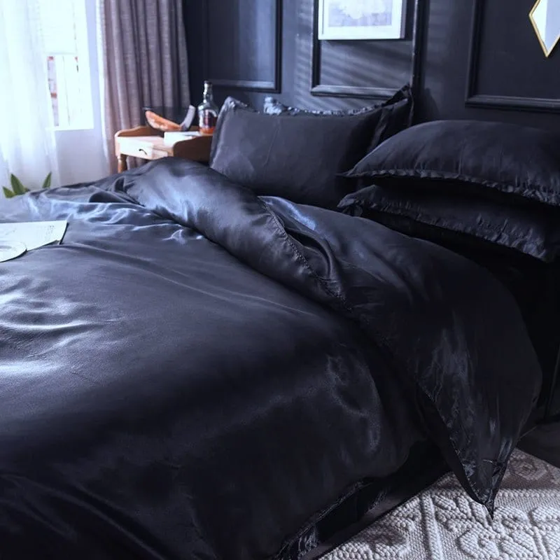 Noir type satin - Drap housse / Housse de couette / 2 taies d'oreiller