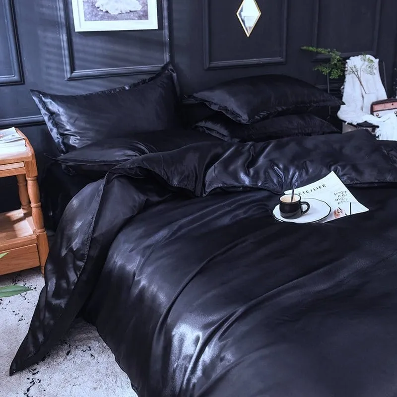 Noir type satin - Drap housse / Housse de couette / 2 taies d'oreiller