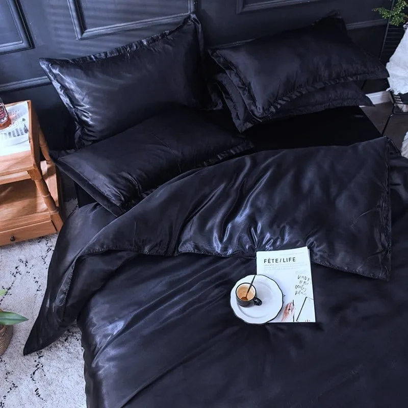 Noir type satin - Drap housse / Housse de couette / 2 taies d'oreiller