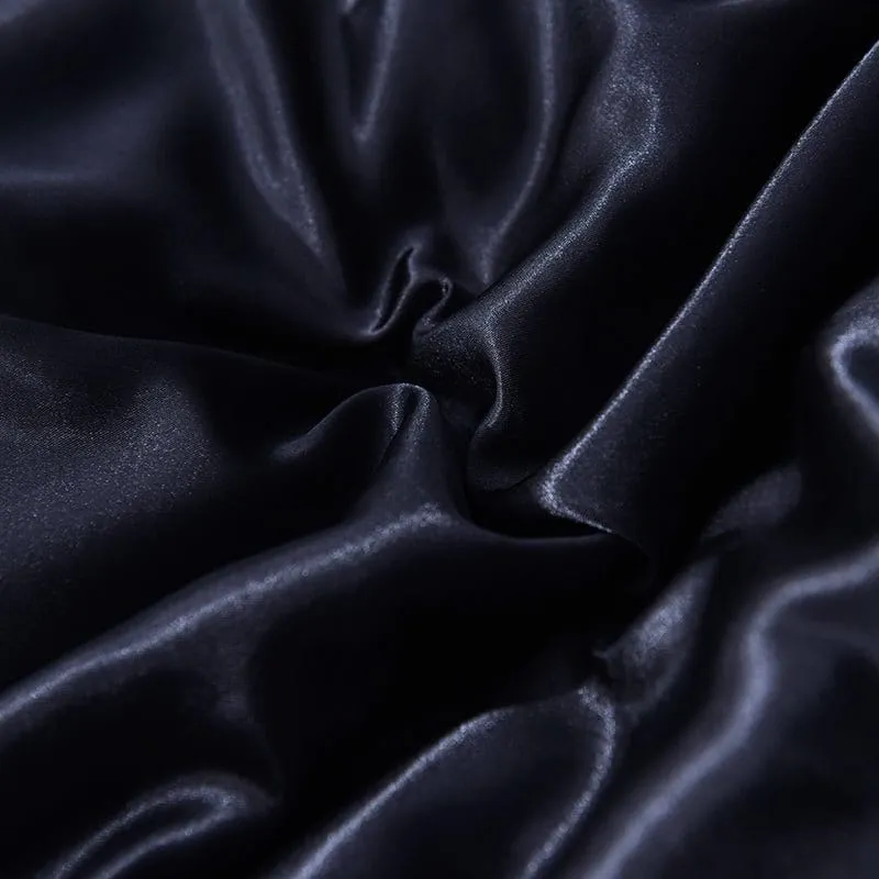 Noir type satin - Drap housse / Housse de couette / 2 taies d'oreiller