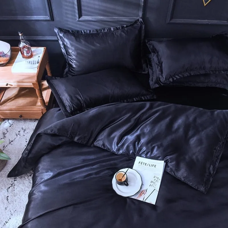 Noir type satin - Drap housse / Housse de couette / 2 taies d'oreiller