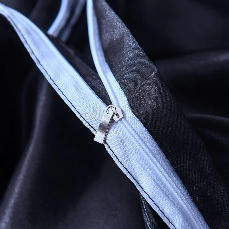 Noir type satin - Drap housse / Housse de couette / 2 taies d'oreiller