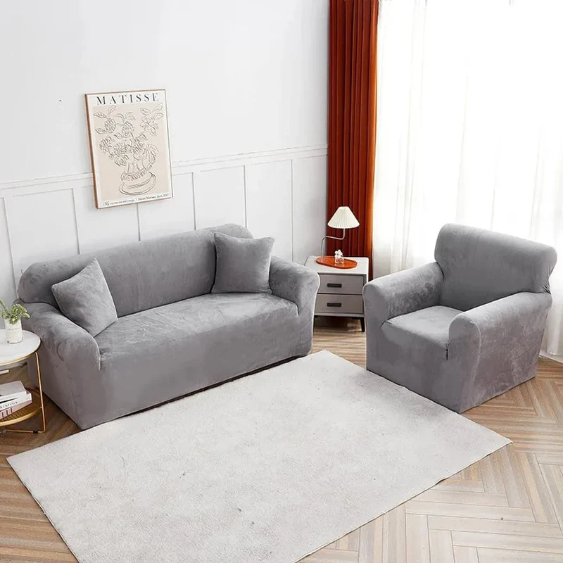 Velours Gris - Housse de Canapé Extensible