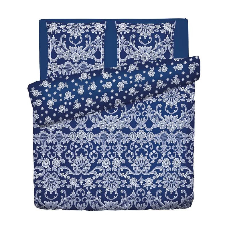 Housse de couette + taie(s) d'oreiller satin de coton - Passementerie bleu