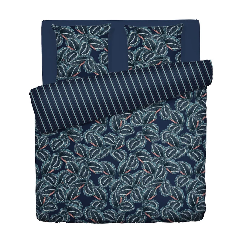 Housse de couette + taie(s) d'oreiller satin de coton - Calathea bleu foncé
