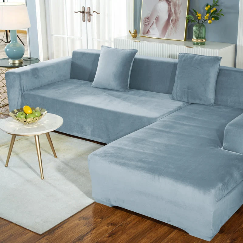 Housse de Canapé d'Angle Velours Bleu-gris