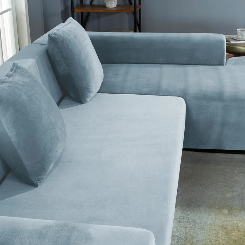 Housse de Canapé d'Angle Velours Bleu-gris