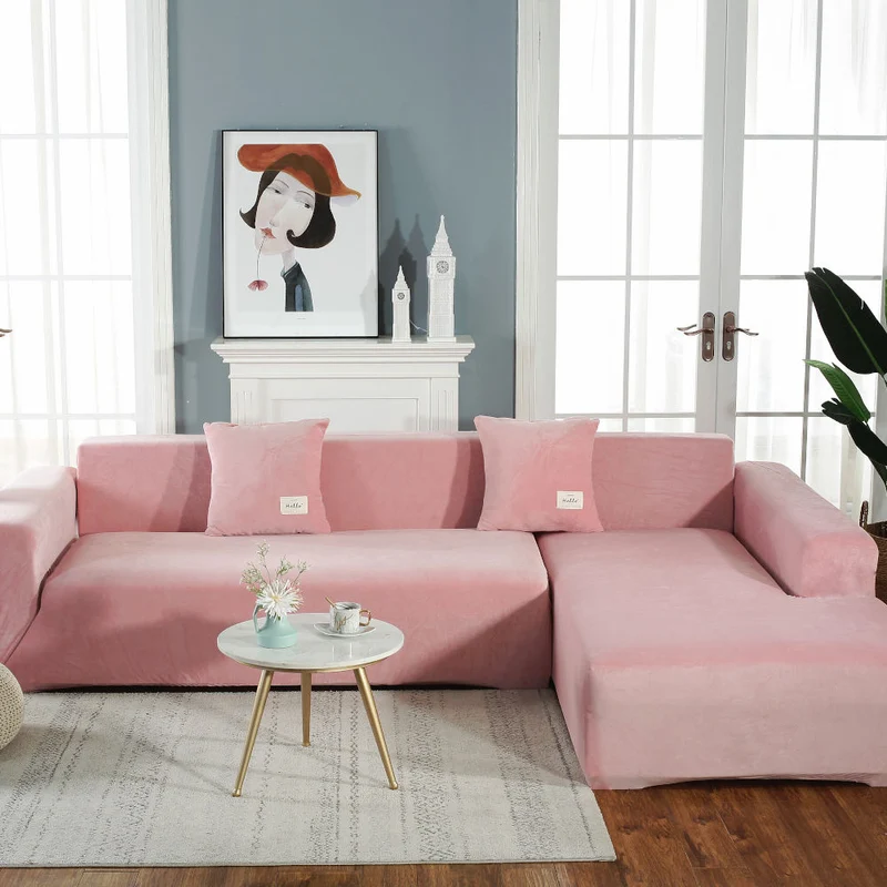 Housse de Canapé d'Angle Velours Rose poudré