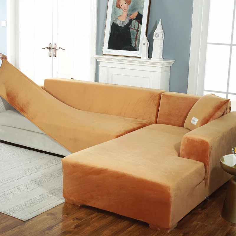 Housse de Canapé d'Angle Velours Camel