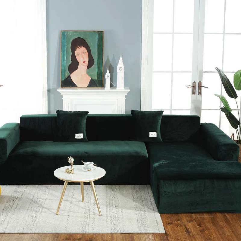 Housse de Canapé d'Angle Velours Vert foncé