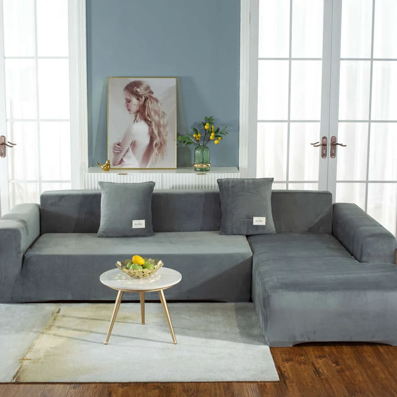 Housse de Canapé d'Angle Velours Gris clair