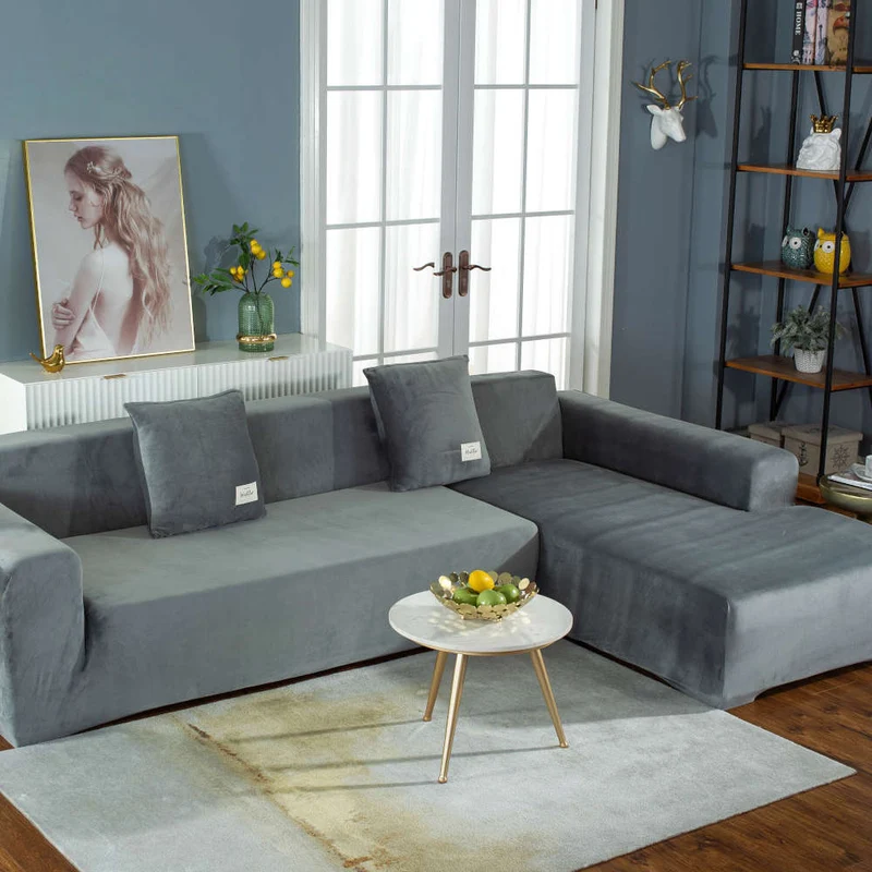 Housse de Canapé d'Angle Velours Gris clair
