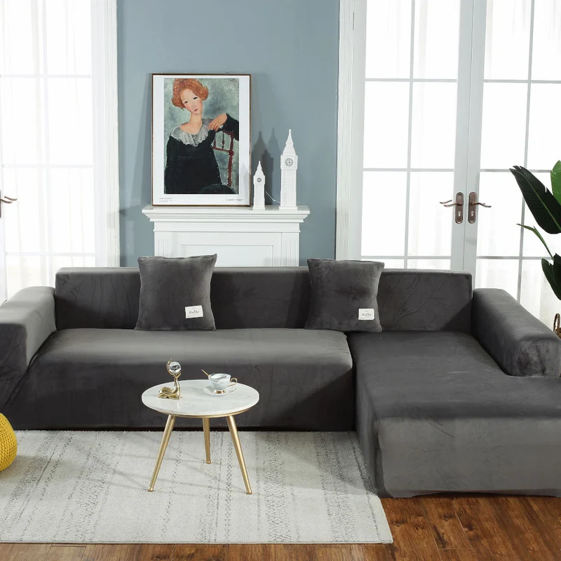 Housse de Canapé d'Angle Velours Gris