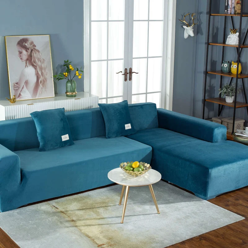Housse de Canapé d'Angle Velours Bleu canard