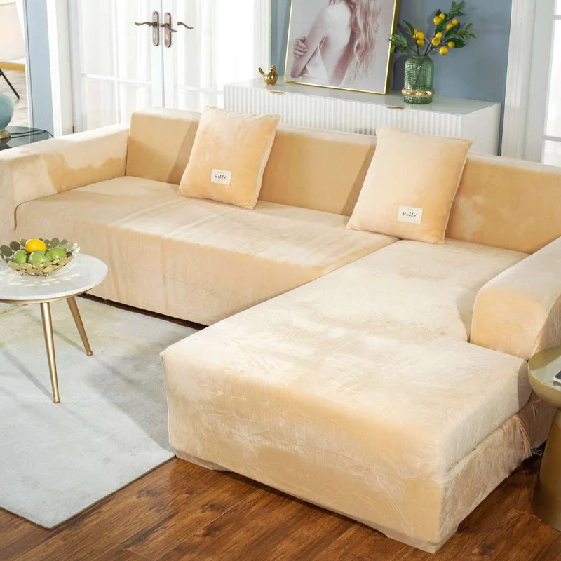Housse de Canapé d'Angle Velours Beige