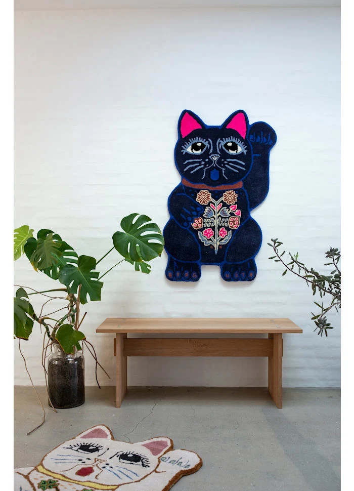 Lucky cat tæppe i uld, blå – Bongusta