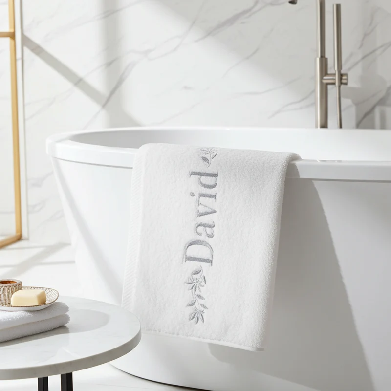 SERVIETTE DE BAIN BLANCHE PERSONNALISÉE | BRODERIE PRENOM ARGENT