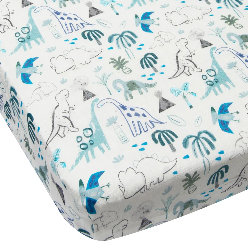Drap Contour pour Lit de Bébé - Mousseline Bambou Dinosaures