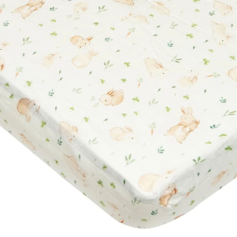 Drap Contour pour Lit de Bébé - Mousseline Bambou Lapins