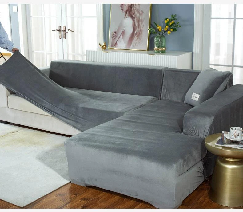Housse de Canapé d'Angle Velours Gris