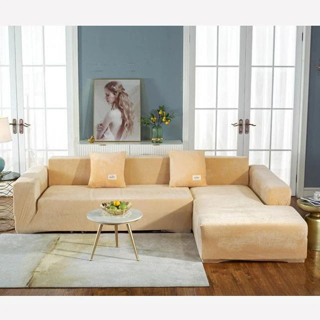 Housse de Canapé d'Angle Extensible Velours Beige