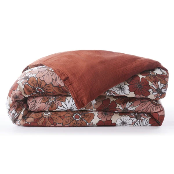 Housse de couette réversible 140 x 200 cm Gaze de coton imprimée ANNA Terracotta