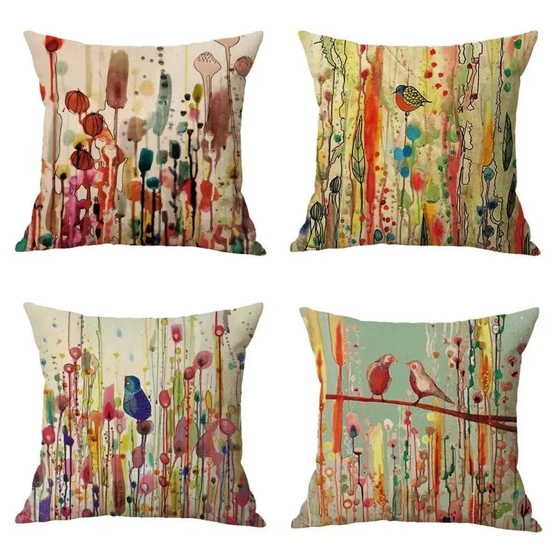 Housse de coussin peint à l'huile des oiseaux