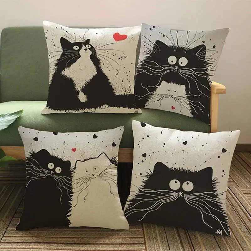 Housse de coussin canapé en coton et lin - CHAT CARTOON