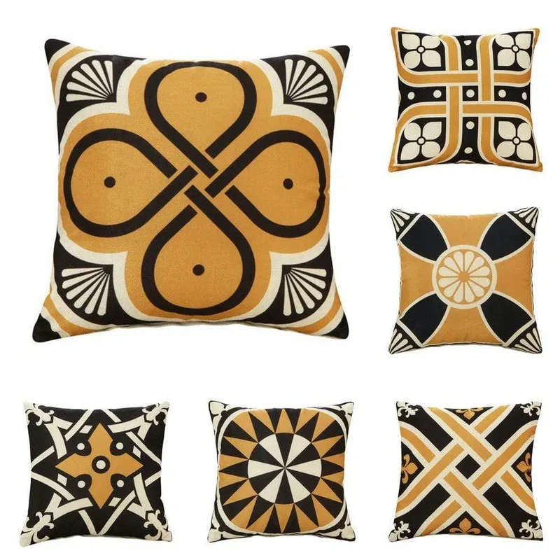 Housse de coussin géométrique Jaune Gris Noir
