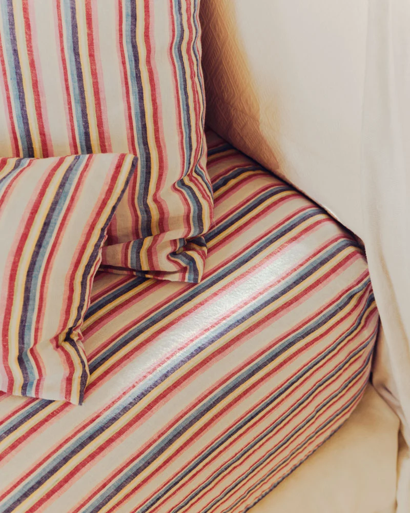 Drap housse en lin lavé - Rayures Parasol