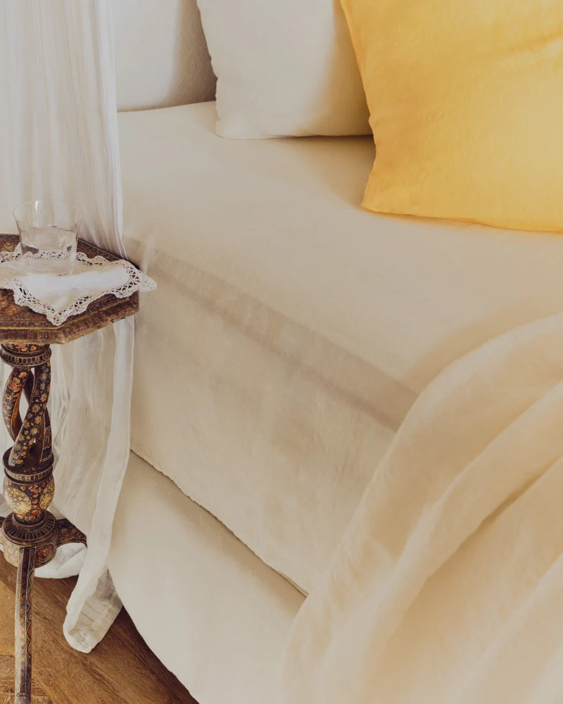 Drap housse en lin lavé - Blanc Coquillage